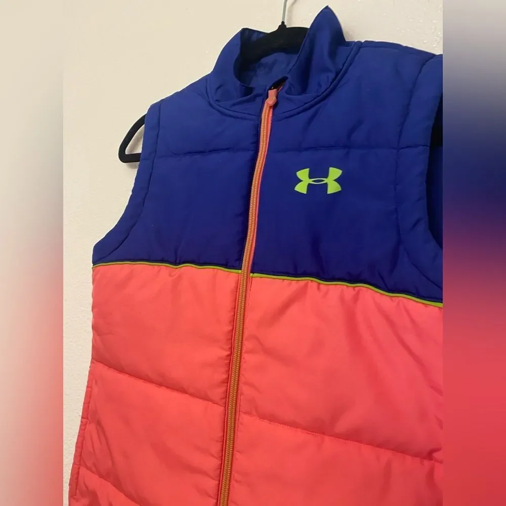Under Armour color block full-zip puffer vest hot pink blue girls Youth M 10-12
